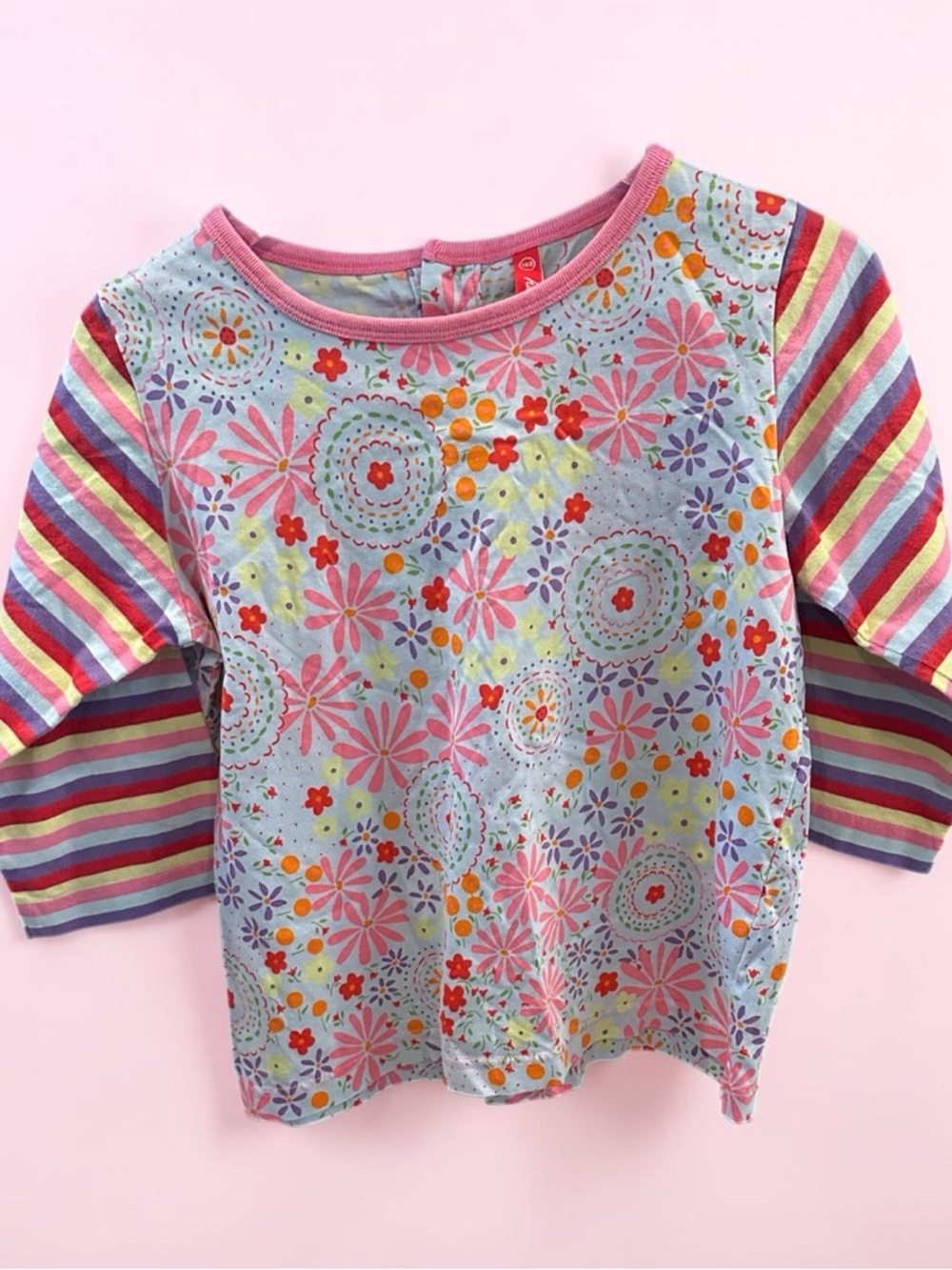 Hanna Anderson Girl’s Floral Top with Striped Sleeves Sz 140 (10 us size)
